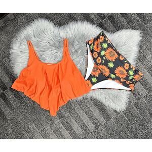 Womens 4XL Plus Sized Two Piece Ruched Orange Tankini Sunflower‎ Swimsuit NEW